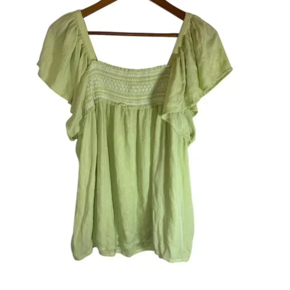 Maurices Top Women 2X Light Green Smocked Ruffle Split Neck Flutter Sleeve Boho - Picture 3 of 14